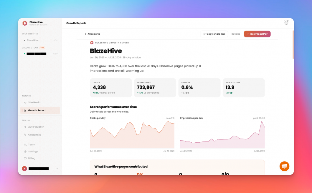 BlazeHive's growth report, built on GSC