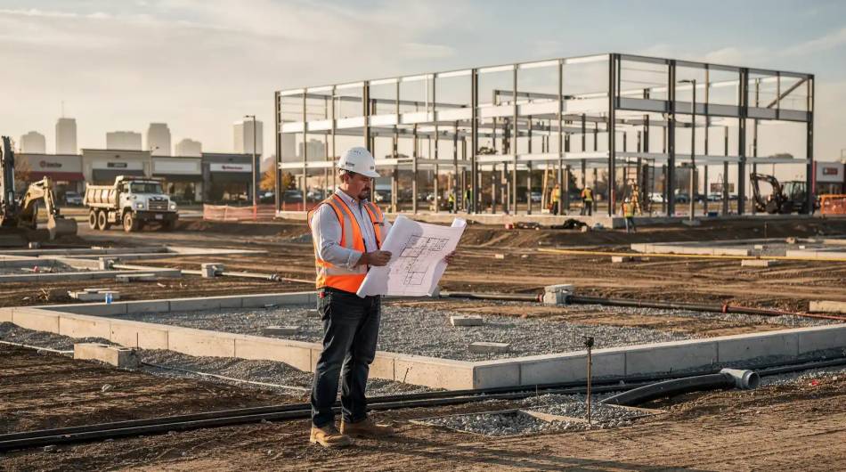 Contractor Reviewing Blueprints On Site