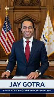 Jay Gotra Podium Navysuit Redtie Campaignsign Coff