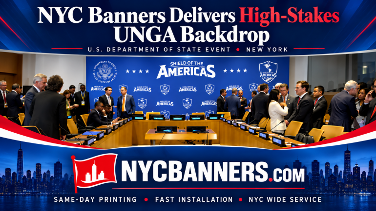Same-day backdrop setup for UNGA event