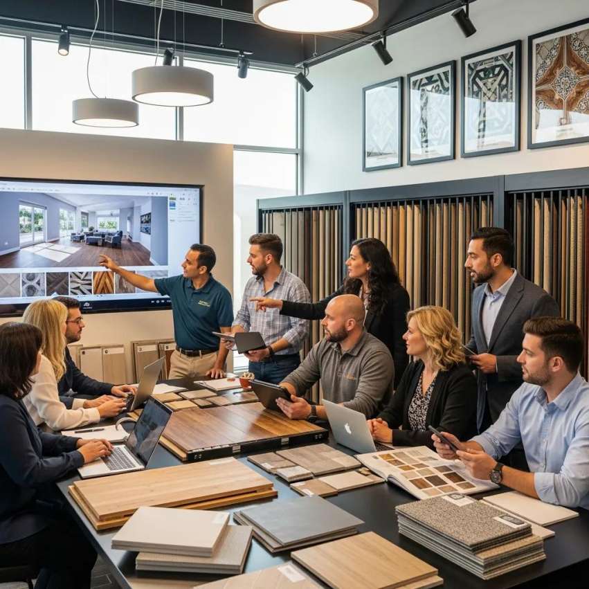 Team Collaborating In A Modern Flooring Business