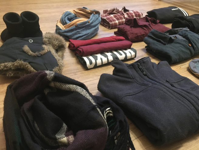 Winter essentials including coats, and hats.